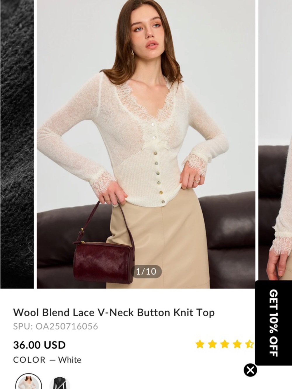 Commense White Wool-Blend Lace V-Neck Button Knit Top